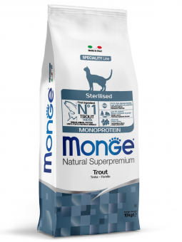 Корм Monge Cat Monoprotein Sterilized монобелковый для стерилизованных кошек и кастрированных котов с форелью