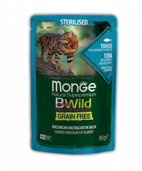 Паучи Monge BWild Grain Free для стерилизованных кошек с тунцом, креветками и овощами беззерновые