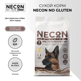 Корм Necon No Gluten Cervo Patate E Riso для взрослых собак всех пород с олениной и картофелем