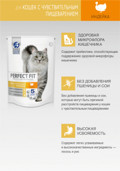 Корм Perfect Fit Sensitive для кошек с чувствительным пищеварением индейка