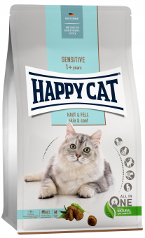 Корм Happy Cat Sensitive Haut & Fell для взрослых кошек для поддержания блеска шерсти и здоровья кожи