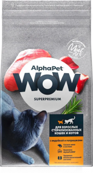 Корм Alphapet WOW Superpremium для взрослых стерилизованных кошек и котов с индейкой и потрошками